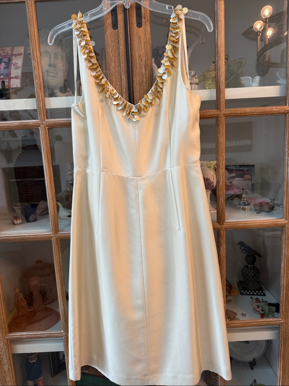 Cream Silk V-Neck Sleeveless Cocktail Dress with Sequin Trim
